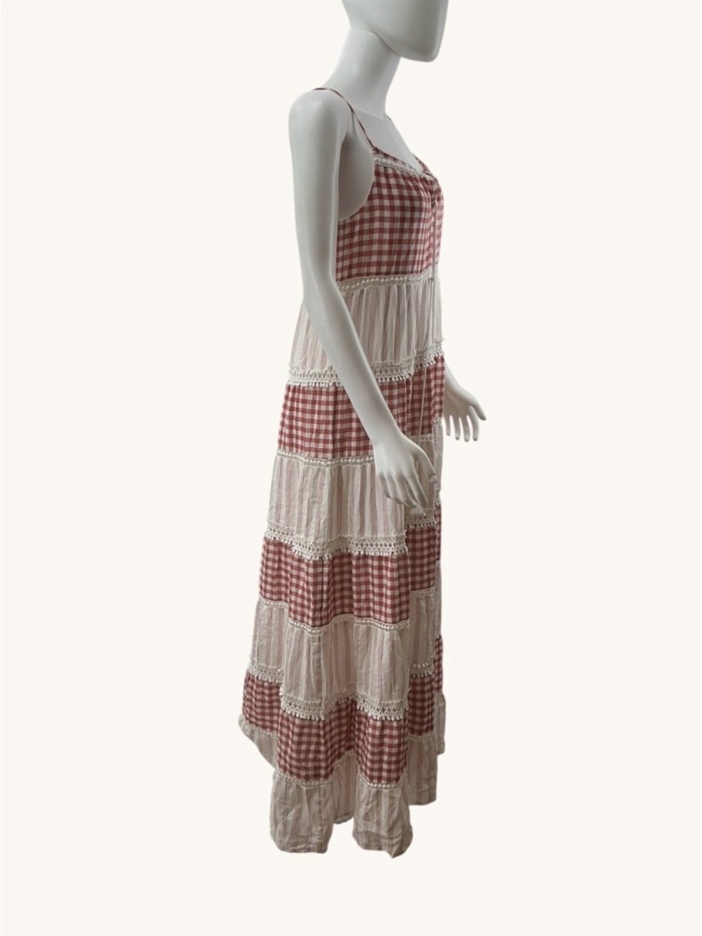 Chelsea & Violet Red Gingham Striped Tiered Maxi Dress XS Cotton Boho Tassel - Picture 4 of 7